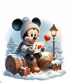 mickey mouse is sitting on top of a log in the snow with a heart shaped balloon