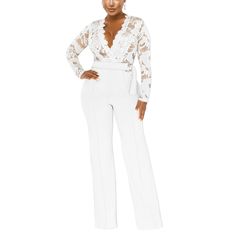 Flowers but make it bossy - Analia is a floral jumpsuit for a boss woman in you. This elegant jumpsuit features a plunging neckline on a sheer floral bodice with long fitted sleeves. The jumpsuit has a high waist with a figure accentuating fit leading to straight boot cut bottoms. Also available in black Styling options: Throw on your most trusty pointed-toe heels to give your silhouette an elongated effect. Color: White Sleeve Length: Long Sleeves Silhouette: Slim Length: Full Length Neckline: Elegant Jumpsuits And Rompers With Sheer Sleeves For Evening, Elegant Evening Jumpsuits And Rompers With Sheer Sleeves, Elegant Party Jumpsuits And Rompers With Sheer Sleeves, Elegant Party Jumpsuits With Sheer Sleeves, Elegant V-neck Bodysuit For Party, Chic Sheer Jumpsuits And Rompers For Night Out, Chic Sheer Jumpsuits And Rompers For Evening, Chic Sheer Jumpsuits For Evening, Elegant Spring Bodysuit With Sheer Sleeves