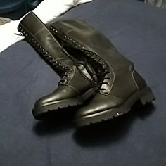 Black Leather, Lug Soles, Full Side Zippers With Front Laces. Only Worn Once Black Leather Knee-high Combat Boots, Black Knee-high Combat Boots With Reinforced Heel, Black Knee-high Combat Boots Medium Width, Black Combat Boots With Lug Sole For Formal Occasions, Black Leather Wide Calf Combat Boots, Black Leather Combat Boots Medium Width, Black Leather Combat Boots For Wide Calves, Black Leather High Heel Combat Boots, Black High Heel Leather Combat Boots