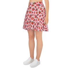 Be comfortable and cute all summer long in this adorable cottagecore skater skirt featuring sweet strawberries. * Q U I C K * F A C T S * ♥ Material: 82% polyester, 18% spandex ♥ Mid-thigh length flared skirt with elastic waistband ♥ Runs true to size * S H I P P I N G * T I M E S * ♥ Our items are individually made with love for each of our buyers. ♥ We're work as quickly as possible, but we realize speed is important to our customers! Our processing time is UP TO 7 business days but typically Casual A-line Tennis Skirt For Summer, Kawaii Summer Skirt Bottoms, Cute Spring Pleated Tennis Skirt, Cute Spring Mini Tennis Skirt, Cute Pleated Tennis Skirt For Spring, Cute Mini Tennis Skirt For Spring, Cute Mini Tennis Skirt For Summer, Cute Fitted Tennis Skirt For Summer, Casual Pink A-line Bottoms