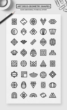 an image of art deco geometric shapes in black and white on paper with scissors, pencils