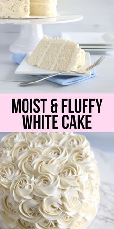 two different types of frosted cake with the words most and fluffy white cake on top