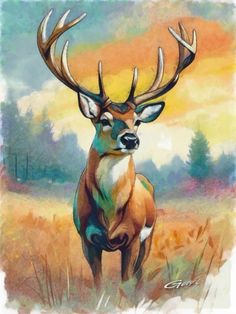 a painting of a deer standing in the grass