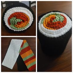 crocheted dishcloths are placed on top of a black cup with a white and orange striped tie