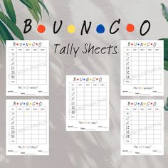 the printable bunco daily planner sheets are shown in four different colors and sizes