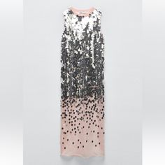 Genuine Zara New With Tag Material: 73% Polyamide, 27% Polyester Color: Silver Sequin/ Pink Knit Ethereal Look With Mermaid Vibes. Round Neckline, Sleeveless, Midi Length Dress. Sleeveless Midi Dress With Contrast Sequin, Contrast Sequin Midi Dress For Spring, Fitted Contrast Sequin Midi Dress For Spring, Fitted Midi Dress With Contrast Sequin For Spring, Spring Evening Midi Dress With Contrast Sequin, Zara Sequin Dress For Spring, Zara Spring Sequin Dress, Spring Maxi Dress With Contrast Sequin, Zara Sequined Midi Dress For Spring