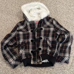 Black, White, Ran , And Orange Plaid Jacket In Size Large. New With Tags. Cozy Hooded Outerwear For Streetwear, Black Hooded Jacket With Detachable Hood For Fall, Trendy Fall Outerwear With Double-lined Hood, Black Fall Outerwear With Drawstring Hood, Trendy Cold Weather Outerwear With Adjustable Hood, Black Outerwear With Drawstring Hood For Fall, Trendy Hooded Outerwear For Cold Weather, Trendy Outerwear With Adjustable Hood For Cold Weather, Hooded Plaid Outerwear For Winter