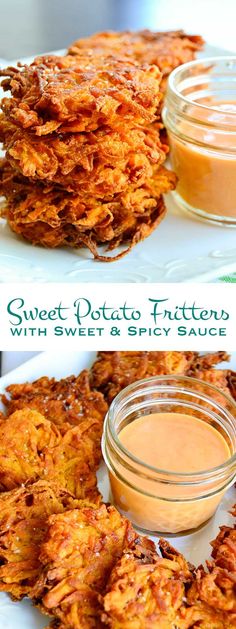 sweet potato fritters with sweet and spicy sauce are the perfect appetizer for any special occasion