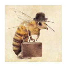 a drawing of a bee with a hat on it's head sitting on a piece of luggage