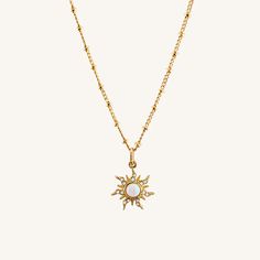 Embrace your inner princess with our Cassie Necklace. She features a gold filled chain, which makes it an elegant everyday necklace. Its dainty opal sun charm easily adds a pop of color to any outfit, ensuring you always stand out. This shiny piece is perfect for necklace layering or equally beautiful worn alone. Best of all, this necklace is tarnish free ! • Single Gold filled chain (of choice) with charm• Gold Filled• Bead Chain Length: 20"• Twist Chain Length: 16" + 1" extender (to make adjus Cheap Star Charm Necklaces For Women, Gold Necklace Sun, Sun Charm, Princess Necklace, Steel Gifts, Gold Pendant Jewelry, Gold Sun, Necklace Layering, Mermaid Necklace