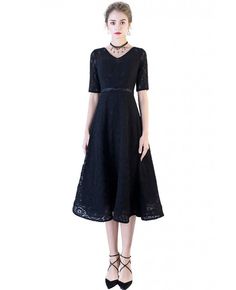 Shop Black Full Lace Tea Length Party Dress with Sleeves online. All instock with free shipping. Pro since 2009. Elegant A-line Vintage Party Dress, Party Fit And Flare A-line Tea Length Dress, Elegant Lace V-neck Party Dress, Fit And Flare A-line Vintage Dress For Party, Stretch Midi Wedding Dress, Cocktail A-line Dress With Fitted Waist, Stretch Midi Dress For Wedding, Fitted V-neck Vintage Party Dress, Spring Lace A-line Evening Dress