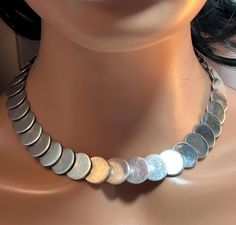 This is a beautiful, vintage, genuine, handmade Taxco sterling silver circles necklace. The necklace is about 17 1/4 inches. The necklace weighs an impressive 73.1 grams. The necklace is so gorgeous and features interlocking sterling silver circles that are each 5/8" in diameter. The necklace is very well-made and has a 50s Mid Century Modern / MCM Art Deco feel to its geometric design. The necklace is about 5/8" in width and has a secure, sterling silver round slide clasp that is hidden. It is stamped 925 TC-51 Mexico CF, which is the hallmark and registration number of the Taxco artisan who handmade it in Taxco, Mexico. I am unsure which Taxco artisan uses the initials CF. The necklace also has been tested and is genuine sterling silver. A rare find! See pictures for details. Check out m Circles Necklace, Mcm Art, Circle Necklace, Handmade Artisan, Christmas Birthday, Sterling Silber, Geometric Design, Antique Jewelry, Charm Necklace