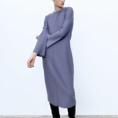 Round Neck Midi Dress With Long Flared Sleeves And Invisible Back Zip Fastening. Light Lilac | 2712/422 Zara Formal Winter Dress, Zara Winter Formal Dresses, Winter Sheath Midi Dress, Zara Long Winter Dresses, Zara Sheath Midi Dress For Formal Occasions, Zara A-line Dress For Winter, Zara Sheath Dress For Fall, Zara A-line Winter Dresses, Elegant Zara Dresses For Winter