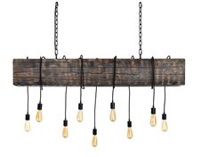 a wooden light fixture with five bulbs hanging from it