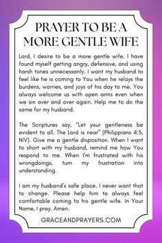 a prayer card with the words prayer to be a more gentle wife