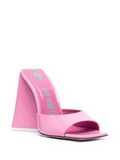 Pink Mules With 4-inch Heel For Spring, Luxury Pink Wedge Heel Sandals, Pink Patent Leather Heels With Sculpted Heel, Modern Pink Patent Leather Heels, Modern Pink High Heel Mules, Pink Patent Leather Block Heels, Pink Patent Leather Heels With Padded Heel, Pink Slip-on Heels With Sculpted Heel, Modern Pink Slides For Spring