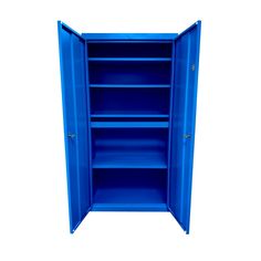 an open blue cabinet on a white background