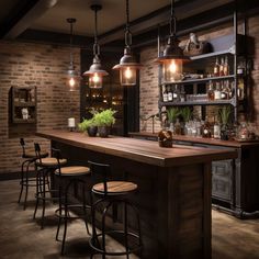 a bar with several stools in front of it and lights hanging from the ceiling