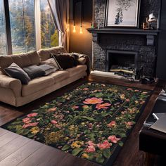 a living room filled with furniture and a large rug on top of a hard wood floor