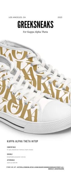 a pair of white sneakers with gold greek letters on the front and bottom, along with an upper portion of the sneaker