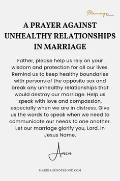 a prayer card with the words, a prayer against unhealthy relationss in marriage