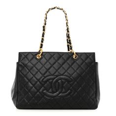 This is an authentic CHANEL Caviar Quilted Grand Timeless Tote GTT in Black. This stylish tote is crafted of diamond quilted caviar leather in black. The bag features gold chain leather threaded shoulder straps,and a prominent quilted Chanel CC logo on the front. The top opens to a black leather interior with zipper and patch pockets. Black Caviar Leather Evening Bag, Gold Quilted Bag For Everyday Luxury, Designer Caviar Leather Bag With Textured Finish, Designer Bags In Textured Caviar Leather, Everyday Luxury Caviar Leather Bag, Designer Caviar Leather Bags For Formal Occasions, Luxury Caviar Leather Bag For Everyday, Classic Formal Caviar Leather Bag, Elegant Bag In Textured Caviar Leather