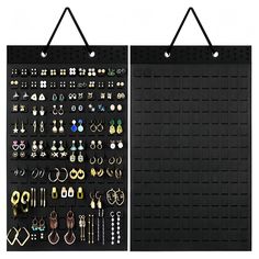 two black pegboards with earrings hanging from them and one has earring hooks on it