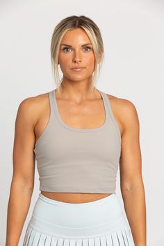 Sandstone Racerback Crop Tank Cute Golf Outfit, Athletic Skirt, Pleated Tennis Skirt, Tie Skirt, Tennis Skirts, Flattering Tops, Yoga Top, Athletic Top, Padded Bra