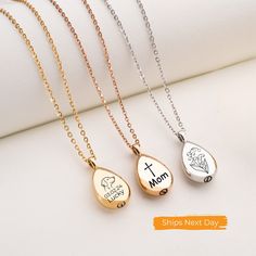 three different necklaces with the words mom and baby in gold, silver or rose gold