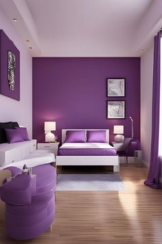 Purple Wall Bedroom, Purple Bedroom Walls, Purple Bedroom Design, Purple Interior Design, Spa Table, Purple Bedroom Decor, Purple Room Decor, Bedroom Purple