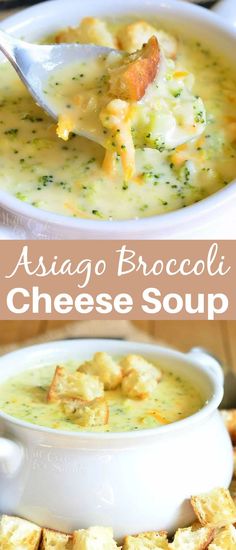 broccoli cheese soup in a white bowl with croutons