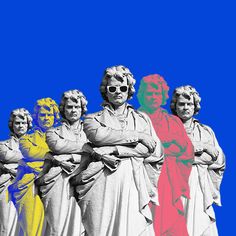 a group of people standing next to each other in front of a blue background with yellow and pink colors