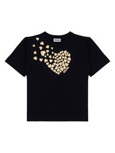 black cotton blend crew neck signature heart print short sleeves straight hem Trendy Black T-shirt With Heart Print, Black Trendy T-shirt With Heart Print, Black Heart-shaped Top With Graphic Print, Black Graphic Tee With Heart Print, Black Heart Print Graphic Tee, Black Crew Neck T-shirt With Heart Print, Casual Black T-shirt With Heart Shape, Casual Black Heart-shaped T-shirt, Black Casual Heart-shaped T-shirt