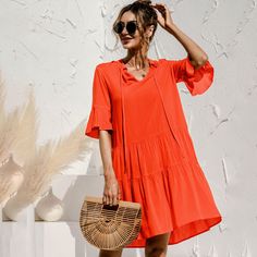 New Fashion Casual V-neck Women's Dress Elegant Loose Print Patchwork Flare Sleeve Beach Party Summer Dresses for Femme Chic V-neck Summer Dress For Vacation, Orange Midi Dress For Summer Beach, Orange V-neck Summer Beach Dress, V-neck Beach Dress For Vacation, Summer V-neck Mini Dress For Brunch, Beach Season V-neck Sundress, Flowy V-neck Summer Dress For Vacation, V-neck Beachwear Midi Dress For Beach Party, Knee-length Beach Vacation Dresses