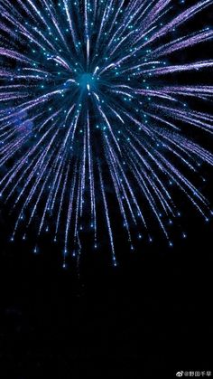 fireworks are lit up in the night sky with blue lights on them and black background