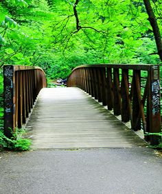 a wooden bridge in the middle of a forest with graffiti on it's sides