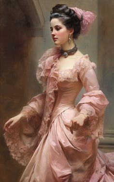 Elegant Vintage Painting of a Woman in a Pink Long Dress - Etsy Dress Digital Art, Painting Of A Woman, Fashion Illustrations Techniques, Pink Long Dress, Beauty In Art, Victorian Costume, Navy Tie, Romantic Dress