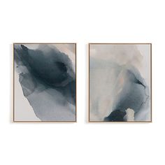 two abstract paintings on a white wall one is blue and the other is grey with black spots