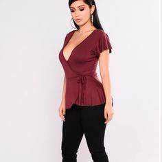 New Fashion Nova Burgundy Wrap Tied Top Size Small. Top Has Raw Hem, Wrap Style, Made Of 95 Percent Rayon And 5 Percent Spandex So It Has Added Stretch. Cute Little Top. V-neck Top With Tie Waist For Party, Party Top With Tie Waist And V-neck, Party V-neck Top With Tie Waist, Chic Tie Waist Top For Night Out, Casual Wrap Top For Party, Burgundy V-neck Top For Date Night, Casual Wrap Tops For Night Out, Casual Purple Top For Night Out, Purple V-neck Top For Night Out