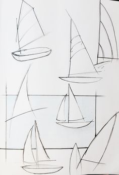 a drawing of sailboats floating in the ocean