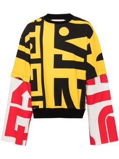 black/yellow/white/red cotton jersey texture all-over graphic print layered design crew neck extra-long sleeves straight hem Oversized Jacquard Knit Crew Neck Sweatshirt, Streetwear Jacquard Knit Long Sleeve Tops, Bold Graphic Print Long Sleeve Tops, Jacquard Knit Long Sleeve Tops For Streetwear, Bold Long Sleeve Tops With Graphic Print, Yellow Graphic Print Long Sleeve Sweatshirt, Yellow Long Sleeve Sweatshirt With Graphic Print, Yellow Graphic Print Crew Neck Sweater, Yellow Graphic Print Sweatshirt For Winter