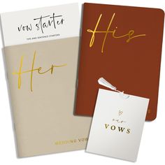 two wedding vows covers with gold lettering on them