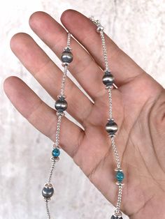 The newest Turquoise daily essential has arrivedddd! Beaded with a mix of tiny Sterling Silver beads, Navajo Pearls and genuine blue Turquoise. All the silver is 925 Sterling, of course ;) Length: 16'' chain Fine Necklace, Navajo Pearls, Daily Essentials, Blue Turquoise, Sterling Silver Bead, Turquoise Blue, Silver Beads, Turquoise, Beads