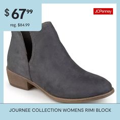 Show off a trend-setting look with split ankle booties by Journee Collection. Soft faux suede uppers rise to the ankles and highlight chic side split detail. Top-stitching and faux woodgrain stacked block heels complete the design.Features: Lightweight, ComfortClosure Type: Pull OnShaft Circumference: 9 1/2 InchesBoot Shaft Height: 5 InchesShoe Heel Height: 1 1/2 InchesUpper/Outer Base Material: 100% PolyuretheneShoe Lining Material: SyntheticSole Material Content: 100% PolyurethaneToe Type: Cl… Journee Collection, Side Split, Top Stitching, Ankle Booties, Faux Suede, Design Features, Block Heels, Bootie Boots, Heel Height