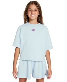 in stock Light Blue Cotton Sports Top, Nike Purple Sportswear Top, Nike Blue Sportswear T-shirt, Light Blue Nike Cotton Tops, Nike Light Blue Cotton Tops, Nike Light Blue Crew Neck T-shirt, Sporty Light Blue Nike Tops, Girls Sportswear, Logo T Shirt