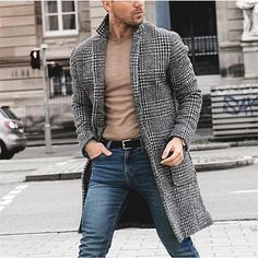 Men's Winter Coat Overcoat Business Casual Winter Fall Polyester Outerwear Clothing Apparel Houndstooth Notch lapel collar Open Front 2023 - US $49.99 Mens Business Casual, Business Casual Fall, Winter Overcoat, Casual Outwear, Graduation Outfits, Long Coat Jacket, Winter Trench Coat, Long Winter Coats, Plaid Outfits