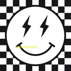 a black and white checkered background with a smiley face in the center, surrounded by two lightning bolts