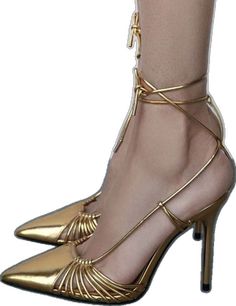 Gold Heels With 4-inch Heel For Event, Gold Party Heels With 4-inch Heel, Gold 4-inch Heels For Party, Gold High Heel Spring Heels, Pointed Heels For Party, Chic Pointed Heels For Party, Gold Heels For Summer Events, Spring Party Pointed Heels, Pointed Toe Heels With Wrapped Heel For Party