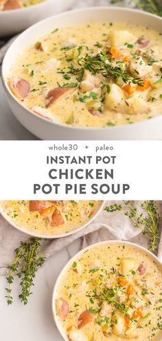 instant pot chicken pot pie soup in a white bowl