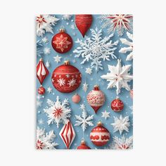 christmas ornaments and snowflakes on a blue background